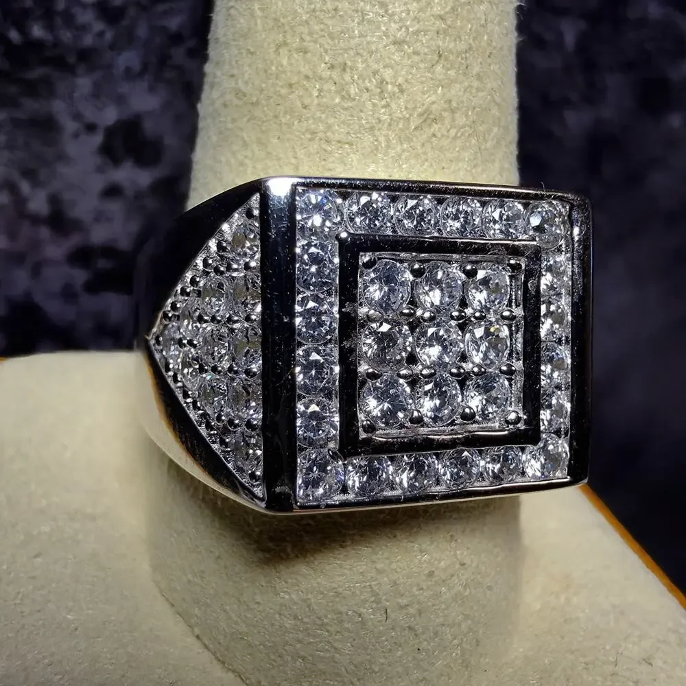 Men's 925 Sterling Silver Cubic Zirconia Square Signet Ring - Size 11